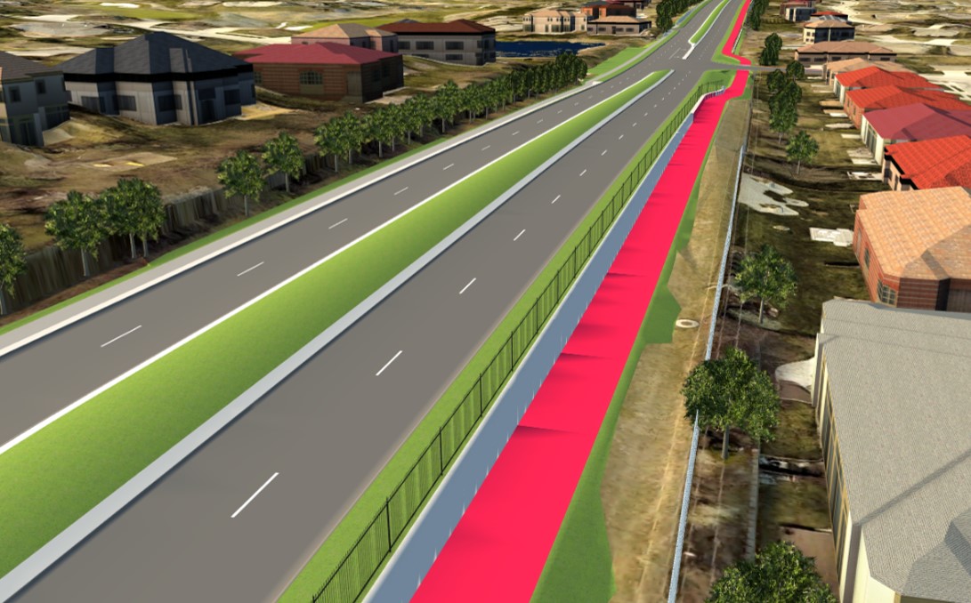 3D render of improvements to 180th Street from Arbor to Harney Streets with a bike and pedestrian path highlighted in red.