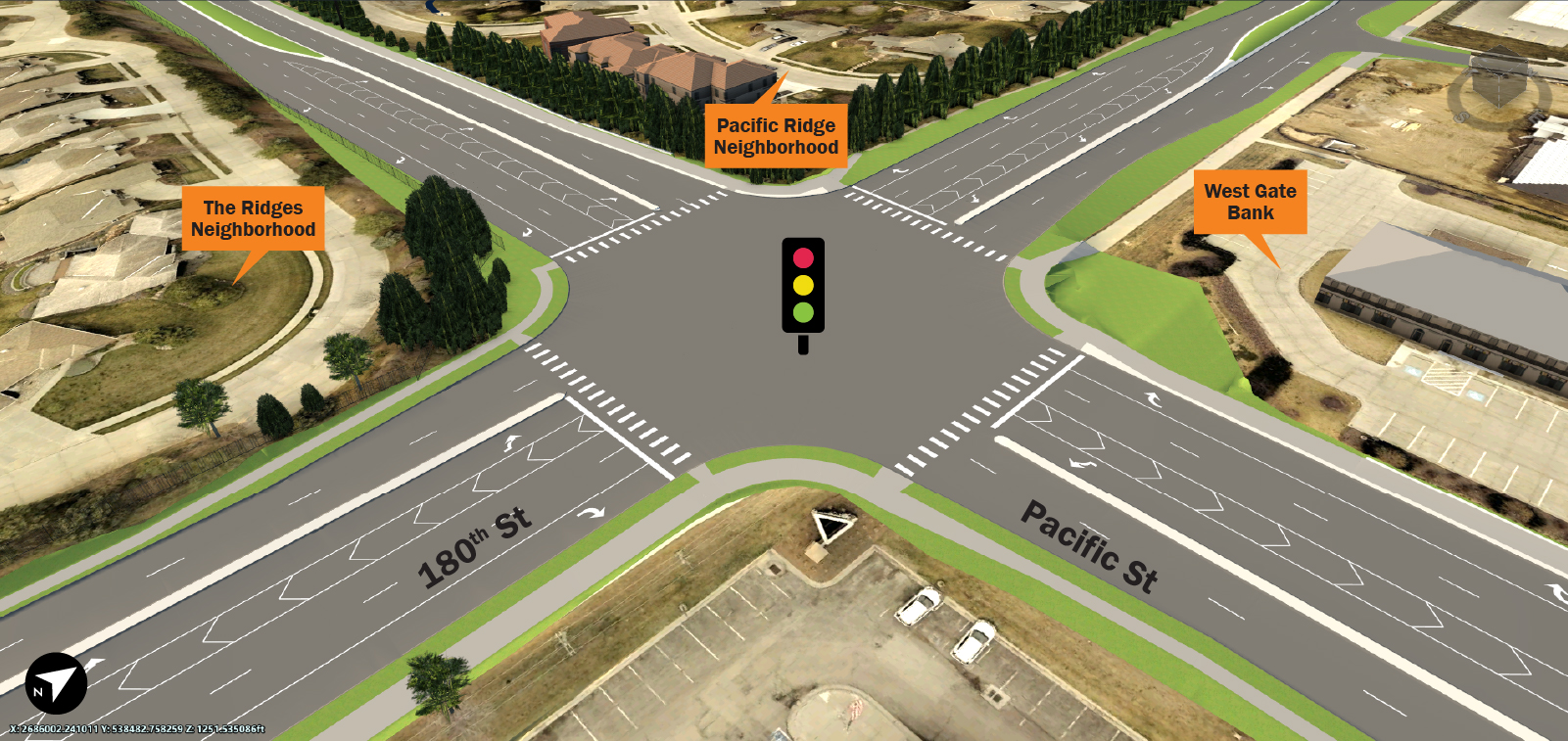 3D render of intersection improvements at 180th Street and Pacific Street.