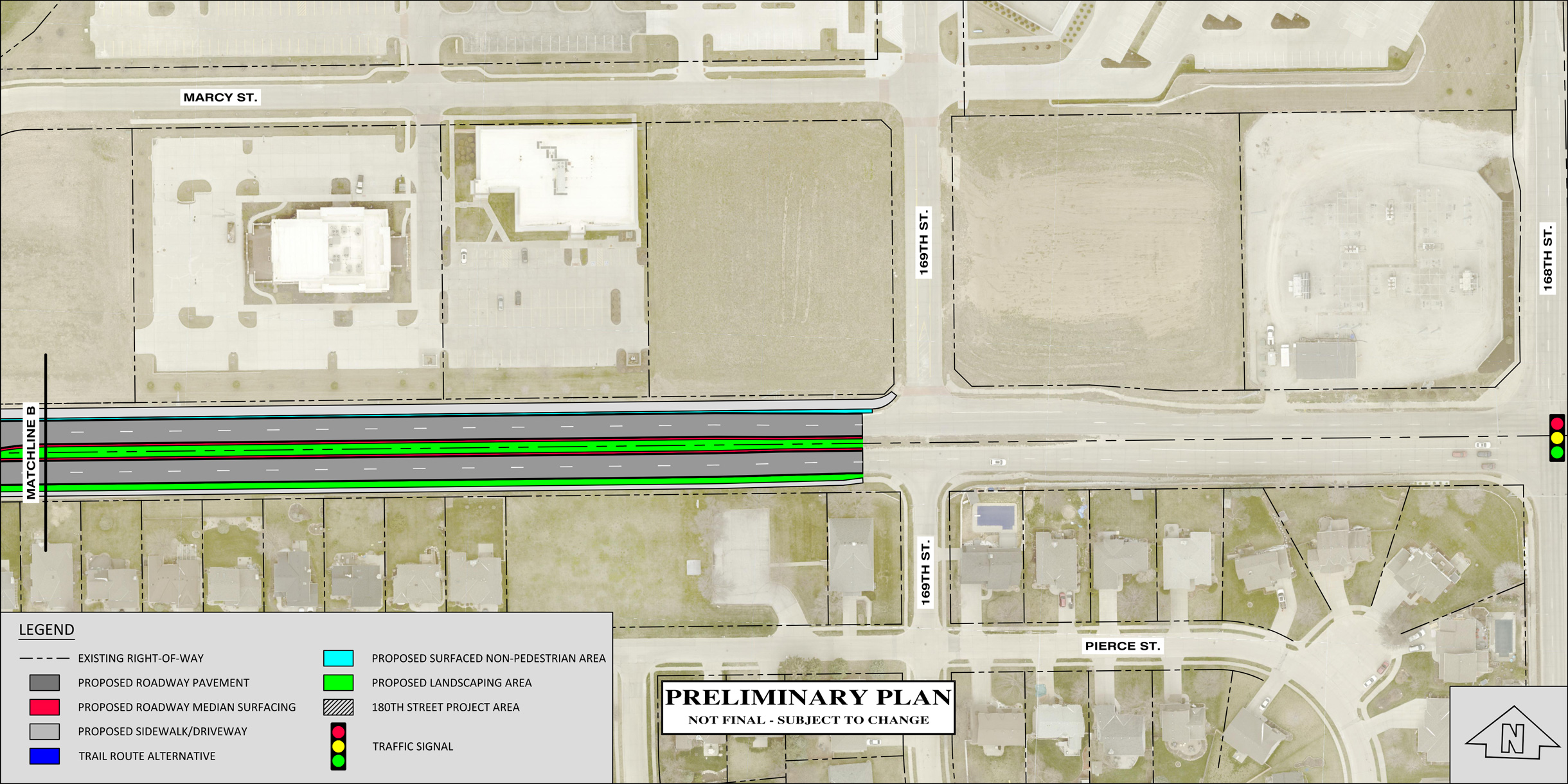 Detailed plan map of preliminary plans for Pacific Street improvements from 173rd and Marcy Streets to 169th Street.
