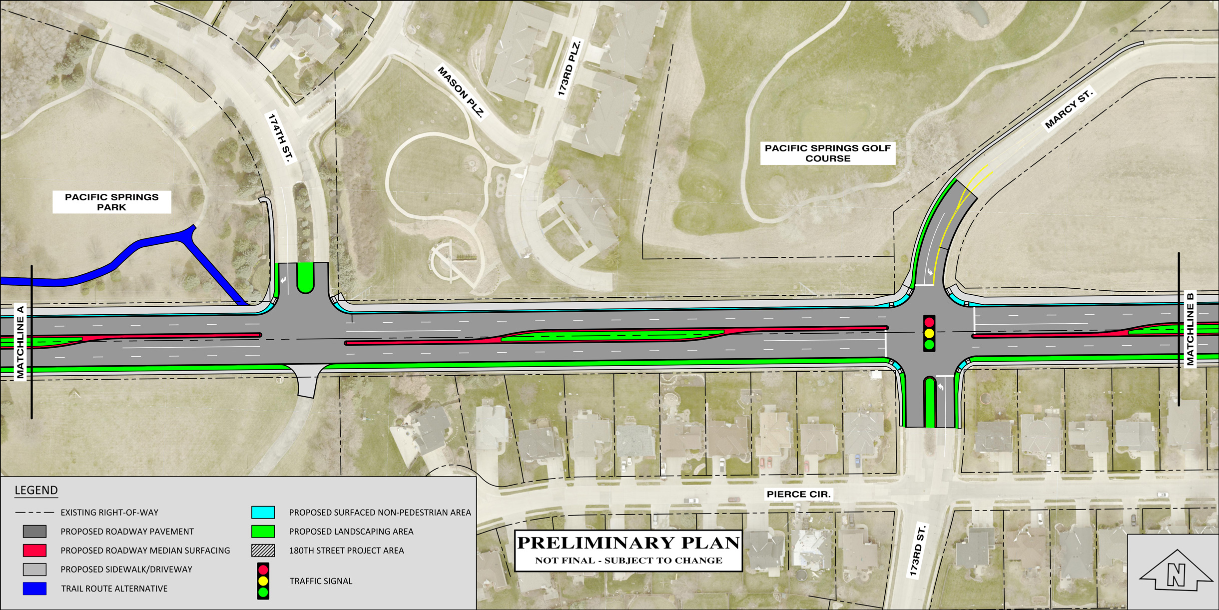 Detailed plan map of preliminary plans for Pacific Street improvements from 174th to 173rd and Marcy Streets.