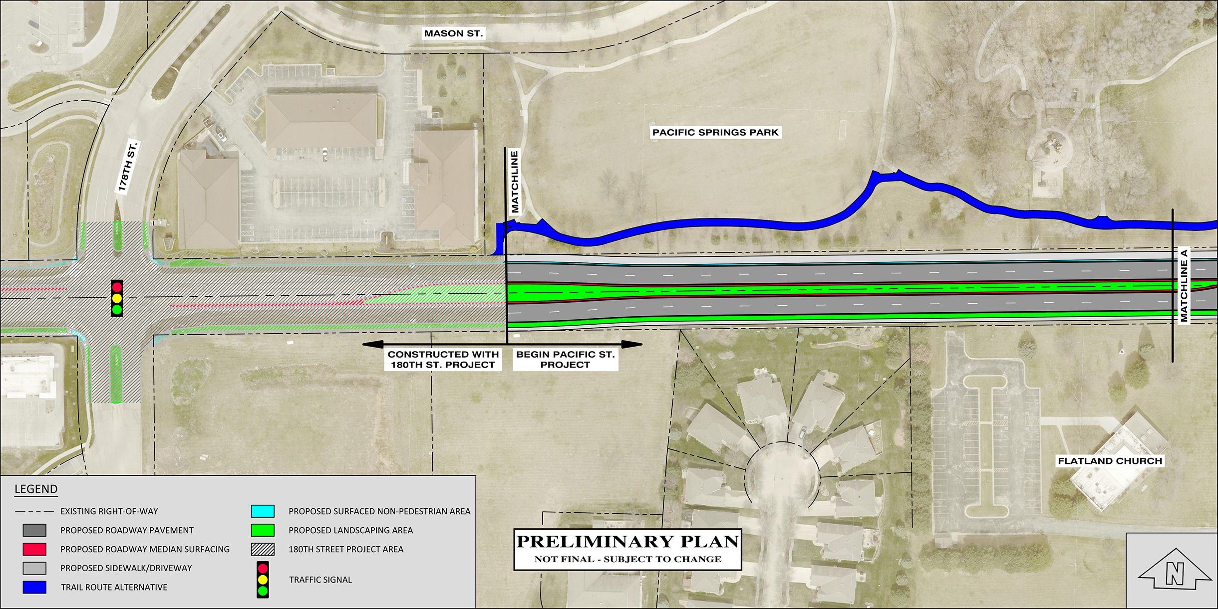Detailed map of preliminary plans for Pacific Street improvements from 178th to 174th Streets.