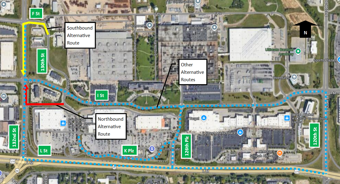 Map showing alternative routes for the blocked movements at 130th St and I St