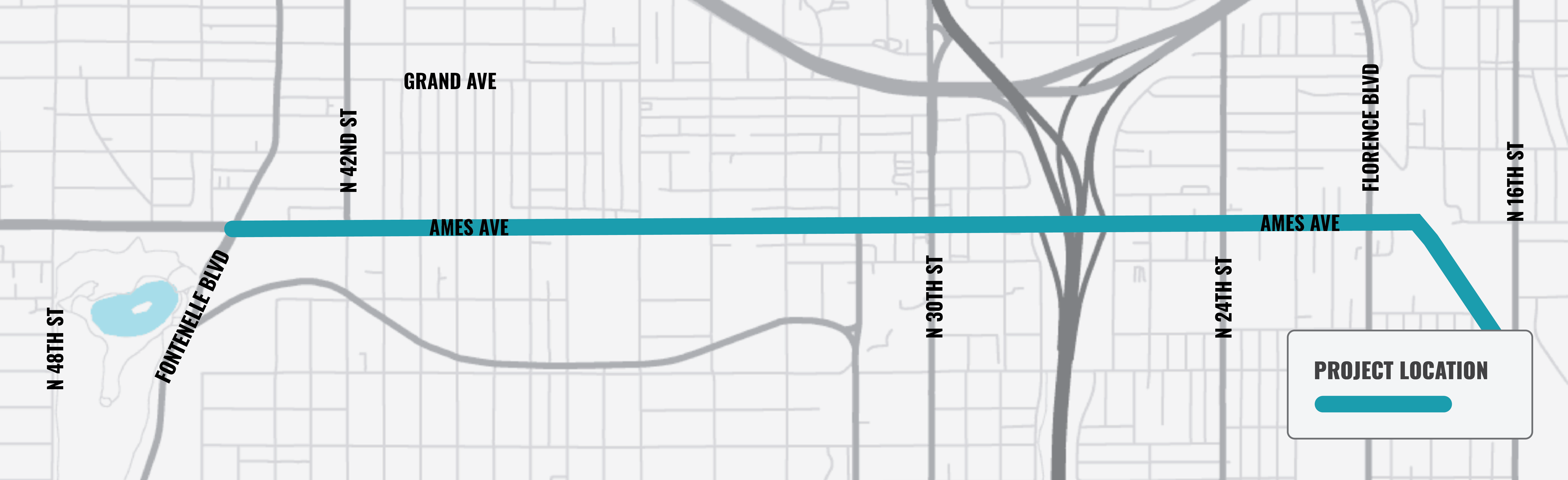 Map showing the project area is on Ames Ave from Fontenelle Blvd to Commercial Ave